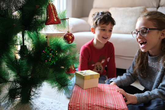 Happy children opening Christmas gifts near a decorated tree.