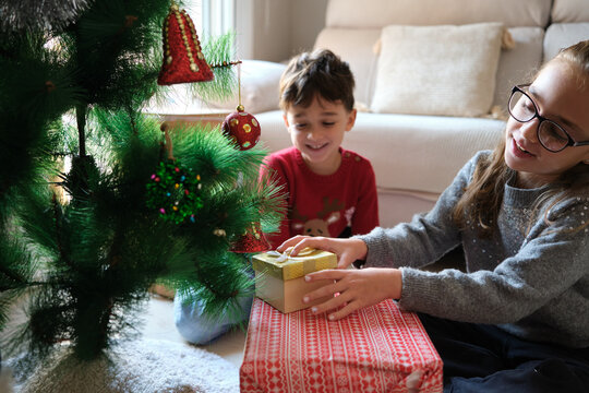 Happy children opening Christmas gifts near a decorated tree.