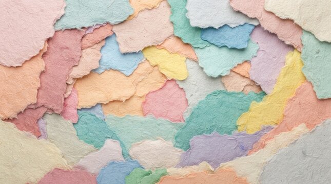 Colorful pastel torn paper pieces collage in pink, blue, yellow and green, handmade recycled paper texture background