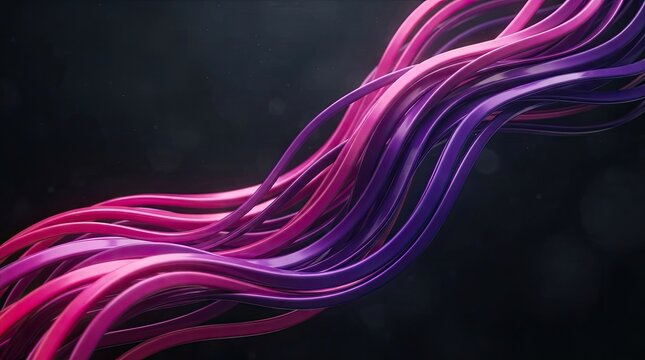 Abstract pink and purple flowing glossy ribbons twisting on dark background, smooth 3D wave lines design