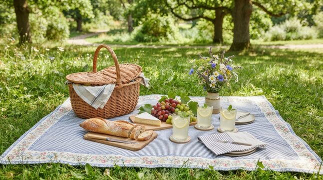Summer picnic blanket with wicker basket, fresh bread, grapes and wildflowers in sunny green park under trees