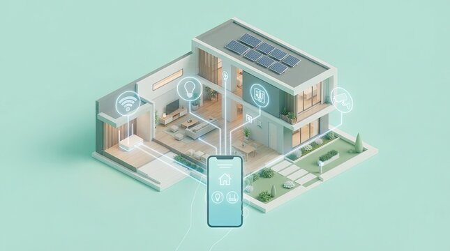Isometric smart home cutaway with solar panels and smartphone app control icons on mint green background, IoT concept