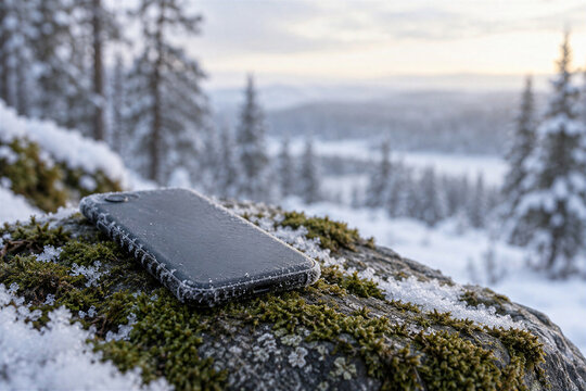 Smartphone in dark case lying face on mossy rock with frost in snowy forest, digital detox concept, offline in nature