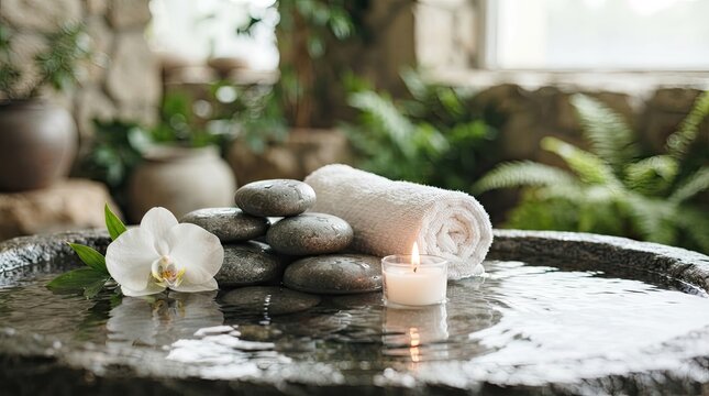 Zen spa still life with stacked stones, white orchid, rolled towel and candle on water in tranquil wellness setting