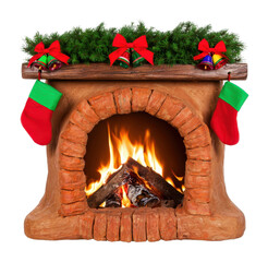 Obraz premium PNG Festive Christmas fireplace with stockings, bells and blazing fire