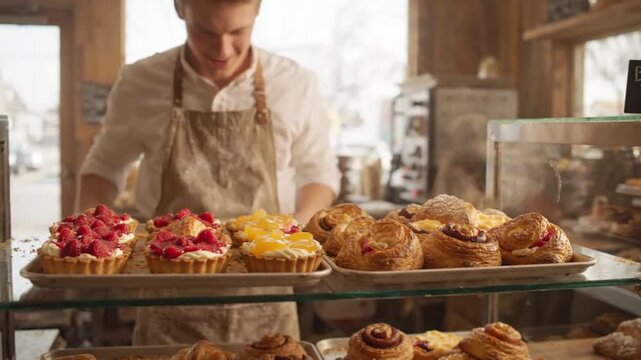 Baker with Pastries: A baker in an apron arranges freshly baked pastries, including fruit tarts and sweet rolls, in a charming bakery display case.