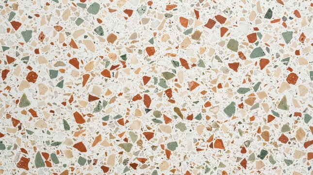 Terrazzo stone floor texture with beige, terracotta and sage green chips seamless pattern background