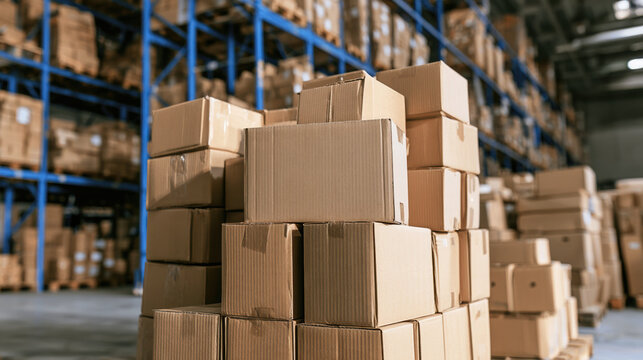 Cardboard boxes warehouse storage stack pile shipping delivery logistics distribution shelves blurred background industrial packaging commercial