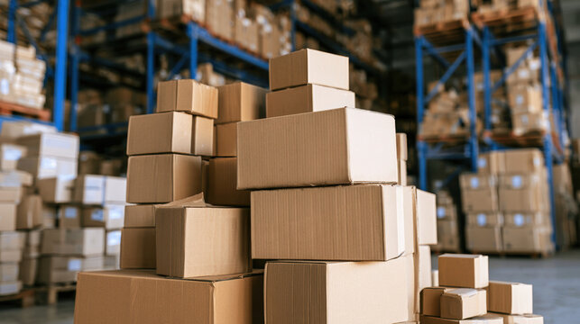 Cardboard boxes warehouse storage stack pile shipping delivery logistics distribution shelves blurred background industrial packaging commercial