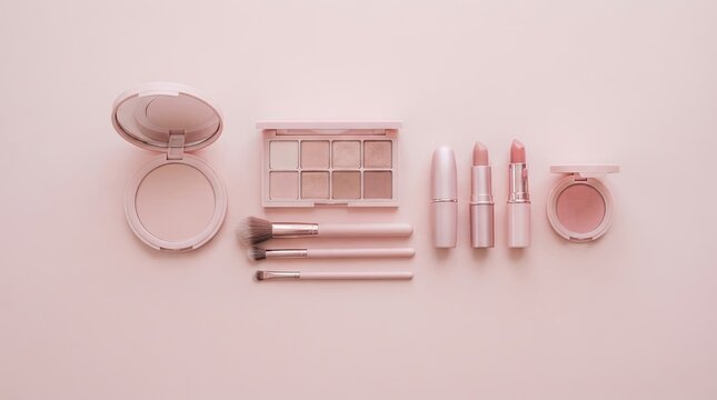 Pink makeup cosmetics flat lay with compact mirror, eyeshadow palette, brushes, lipsticks and blush on soft pastel pink background, beauty fashion concept with copy space