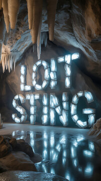 Glowing crystal text in underground cave, illuminated mineral lettering in cavern, crystal stone typography concept