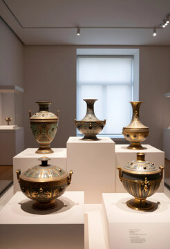 Art history and museum exhibition, antique decorative vases and ornate metal vessels on display in a gallery setting with soft interior lighting