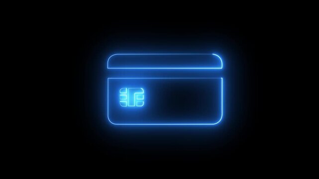 Neon credit card icon with EMV chip for online payment, banking, and checkout