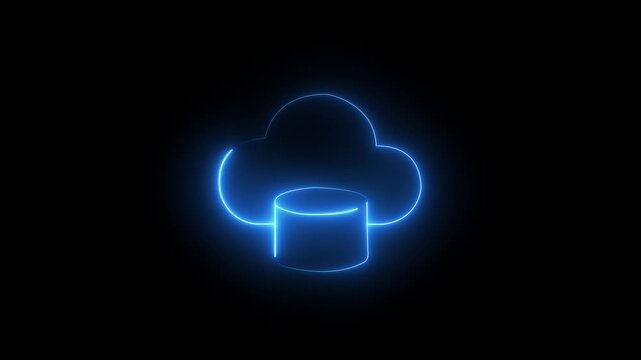 Glowing blue neon cloud database icon symbol for cloud computing, server storage, and hosting