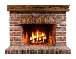 Obraz premium PNG Rustic brick fireplace with warm glowing flames and wooden mantel