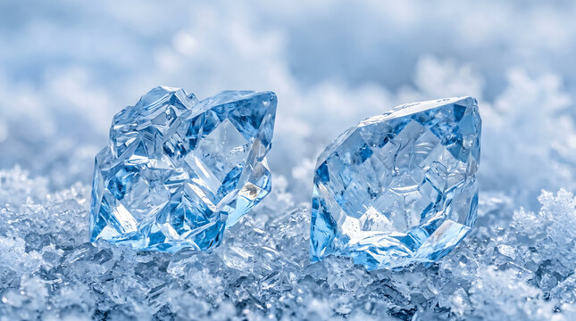 Two sparkling blue ice shards resting on a cold surface captured in a detailed macro photograph