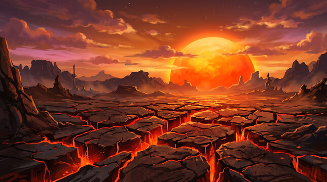 A dramatic orange sunset illuminates the cracked volcanic terrain of a desolate and mysterious alien planet