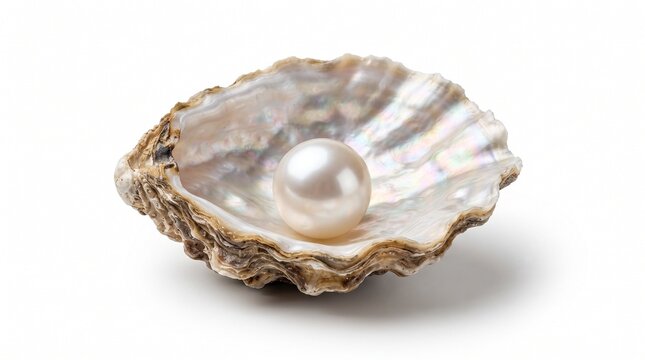 Oyster shell contains a single luminous white pearl resting securely inside.