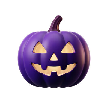 Purple 3D Jack-o'-Lantern Pumpkin with Glowing Triangle Eyes and Toothy Smile on White Background