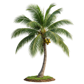 Coconut Palm Tree with Green Coconuts, Curved Trunk, and Long Feathery Fronds Isolated on White Background