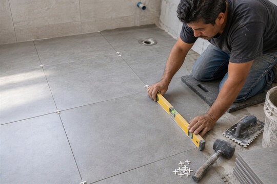 Worker checking floor tiles with spirit level at bathroom renovation, tile spacers, trowel, hammer on floor
