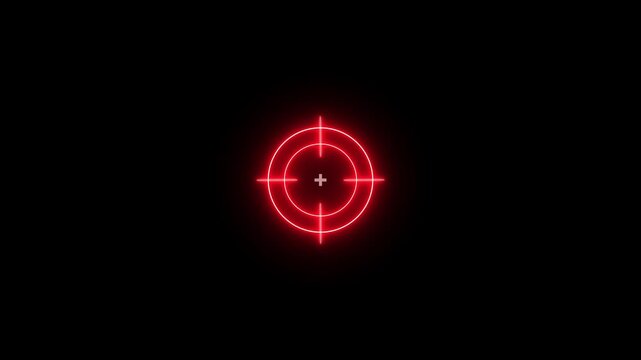 Glowing neon light target icon animation. Sniper Target gun Crosshair HUD Animation on Black Background.
