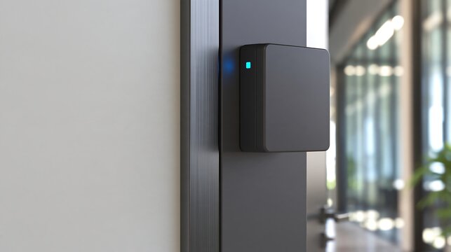 RFID access card reader with blue LED mounted beside a modern doorway, contactless entry security concept for offices, commercial buildings and access control systems