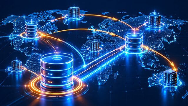 Global server database network connected across world map for international data transfer and hosting