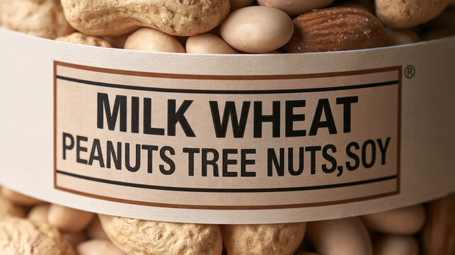 Macro close up of ingredient allergen warning label on packaged food product showing bold allergen declaration for milk wheat peanuts tree nuts and soy, food manufacturing