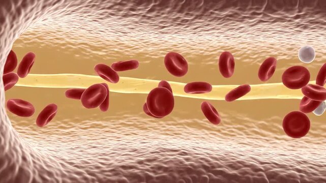 Red blood cells flowing through a small blood vessel, showing noticeably reduced numbers of healthy red blood cells associated with anemia