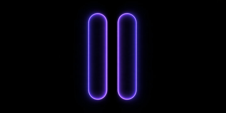 Neon pause button icon on black background. Minimalist luminous media player control symbol. Digital technology graphic