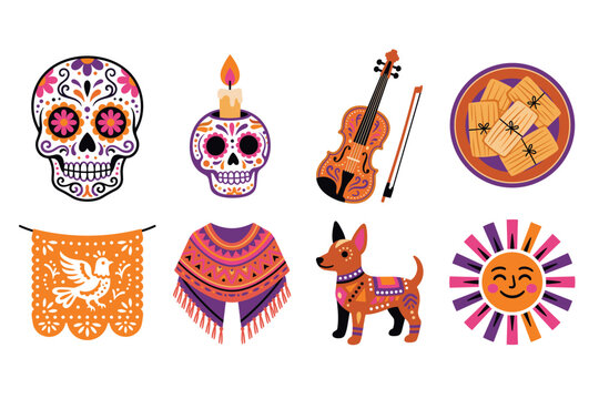 Día de los Muertos vector art with sugar skulls and tamales