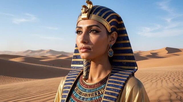 Young woman dressed as an ancient Egyptian queen in the desert  