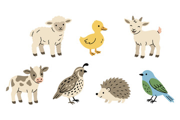 Fototapeta premium Cute cartoon farm animals and a wild bird illustration set