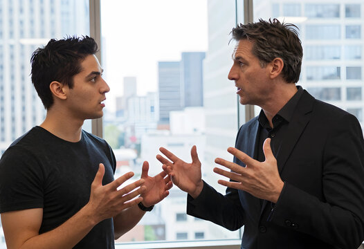 Workplace conflict and professional disagreement, two men having a heated discussion in a modern office with city skyline view and corporate tension