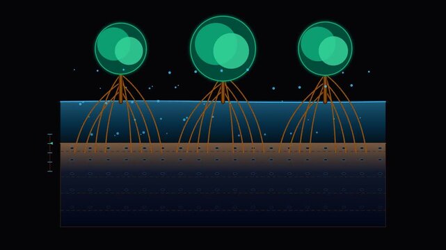 Abstract futuristic digital animation showing glowing green spherical structures rooted in a dark layered horizon