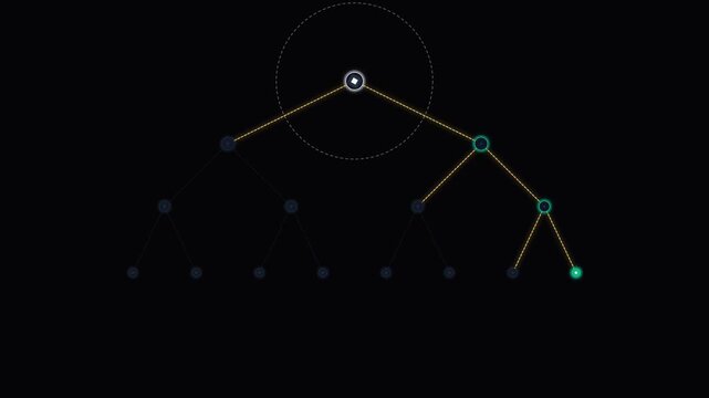 Abstract data structure diagram showing binary tree hierarchy and network connection nodes