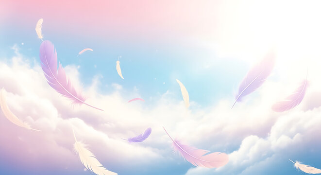 Soft delicate bird feathers drift gracefully through the air in this ethereal and dreamy artistic photo.