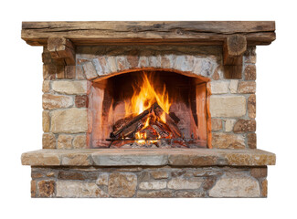Fototapeta premium PNG Rustic stone fireplace with glowing flames and wooden mantel