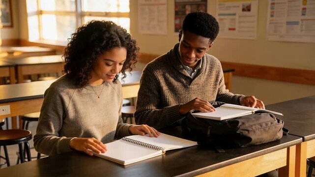 Male pulling sheet from backpack, students flipping notebooks, comparing at lab bench, in sweaters