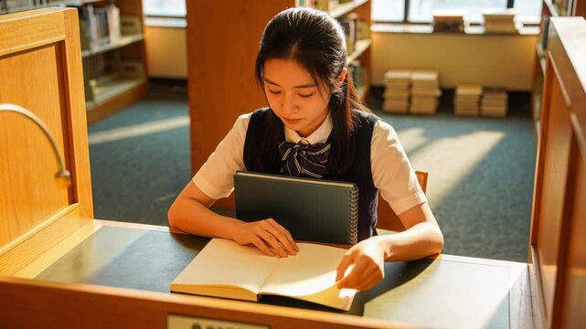 Settling student turning reference pages at library carrel holding notebook in uniform studying