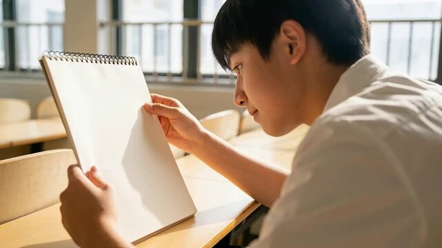 Sunlight causing teen student tilting spiral pad at classroom desk inspecting page, shirt