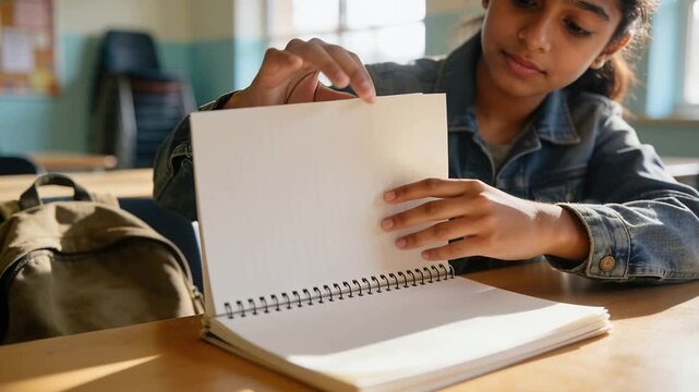 Lifting page, denim jacket schoolgirl turning sketchbook pages at desk by window, preparing to draw