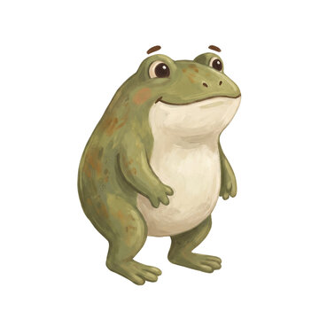 Cute cartoon frog smiling happily in a children book illustration style, standing upright on a white background