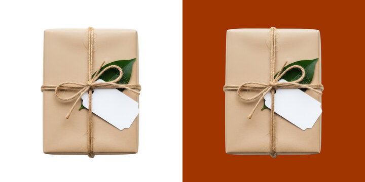 Rustic brown paper gift box wrapped with twine and green leaf decoration transparent background, png