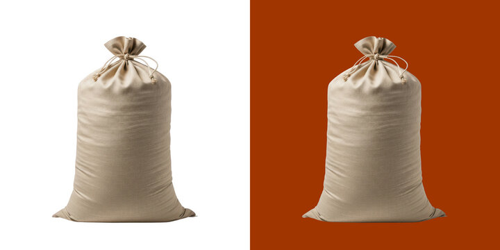Rustic textured burlap sack tied with string for storage of dry goods and grains transparent background, png