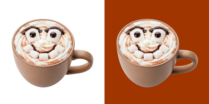 Funny hot chocolate mug with marshmallow face and whipped cream topping design transparent background, png