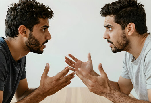 Conflict and disagreement, two men having a heated argument and intense conversation with expressive hand gestures in a tense interpersonal relationship