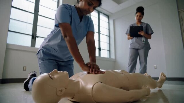 Kneeling trainee in scrubs doing CPR in training room, observer timing for assessment with manikin