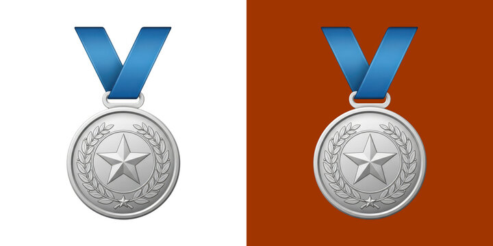 Shiny silver medal with a blue ribbon and star design transparent background, png
